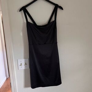 Shiny black stretchy free people dress with open back and tie, size M